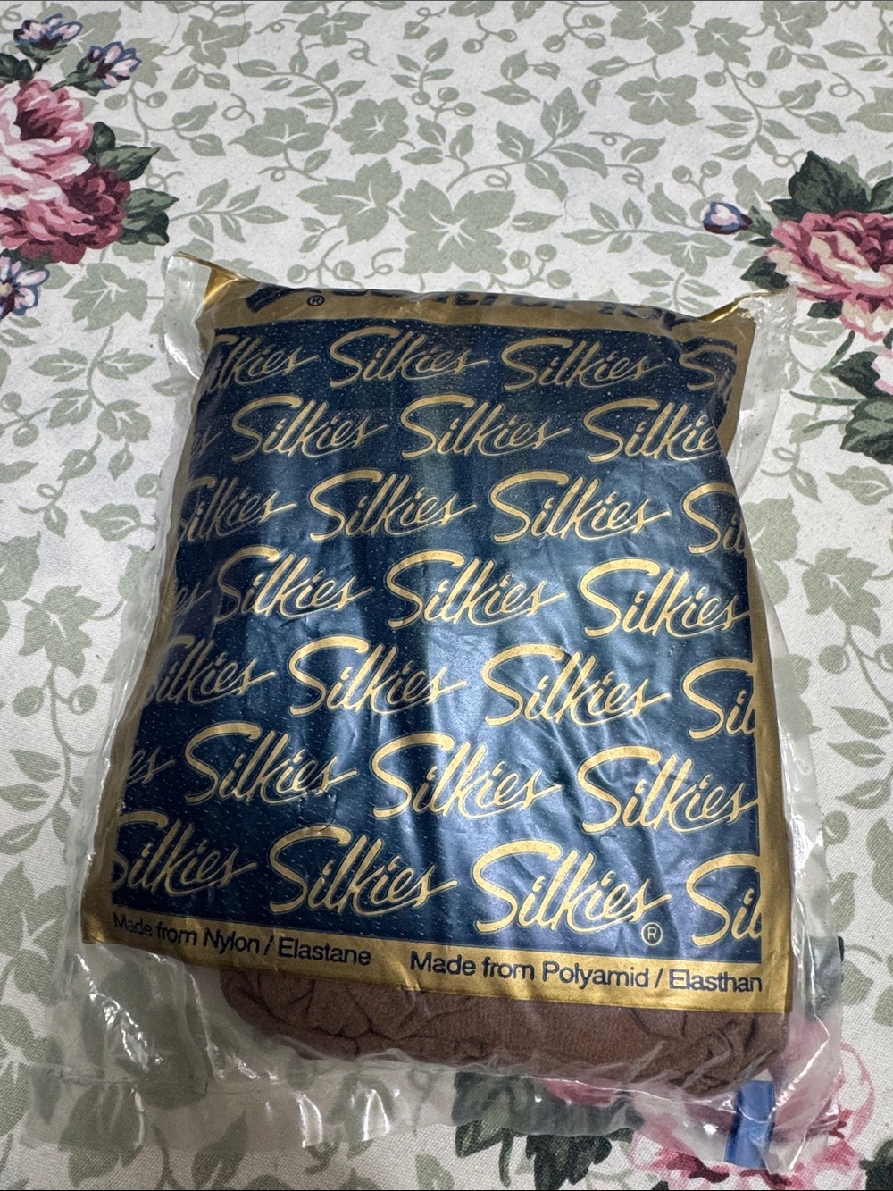 Silkies Packaged Hosiery in Honey with Navy & Gold Packaging